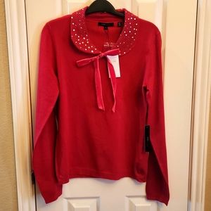 BCBG MAXAZRIA silk sweater with peter pan sequin collar blouse with bow tie neck